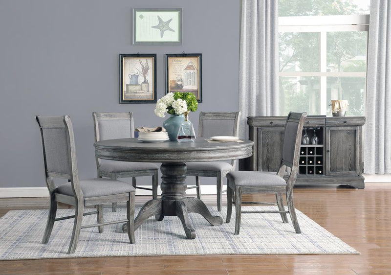 Darcy Pedestal Round Dining Table Weathered Ash