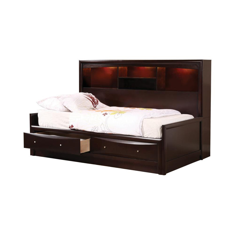 Phoenix Full Daybed with Bookcase and Storage Drawers Cappuccino