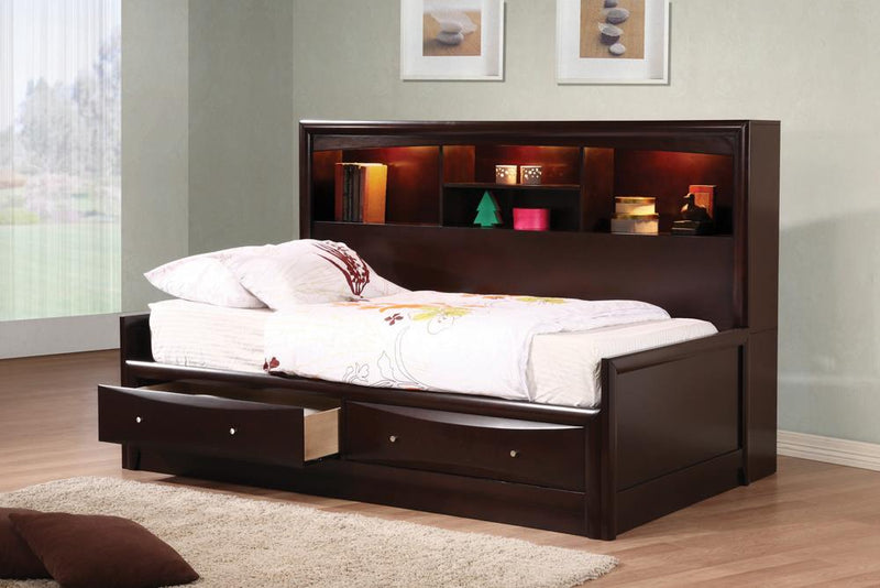 Phoenix Full Daybed with Bookcase and Storage Drawers Cappuccino