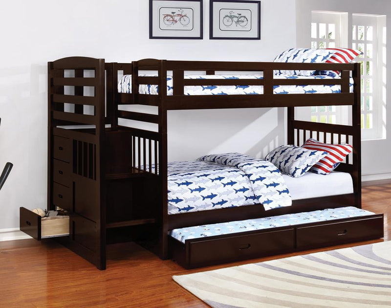 Dublin 4-storage Twin over Twin Bunk Bed with Staircase Cappuccino