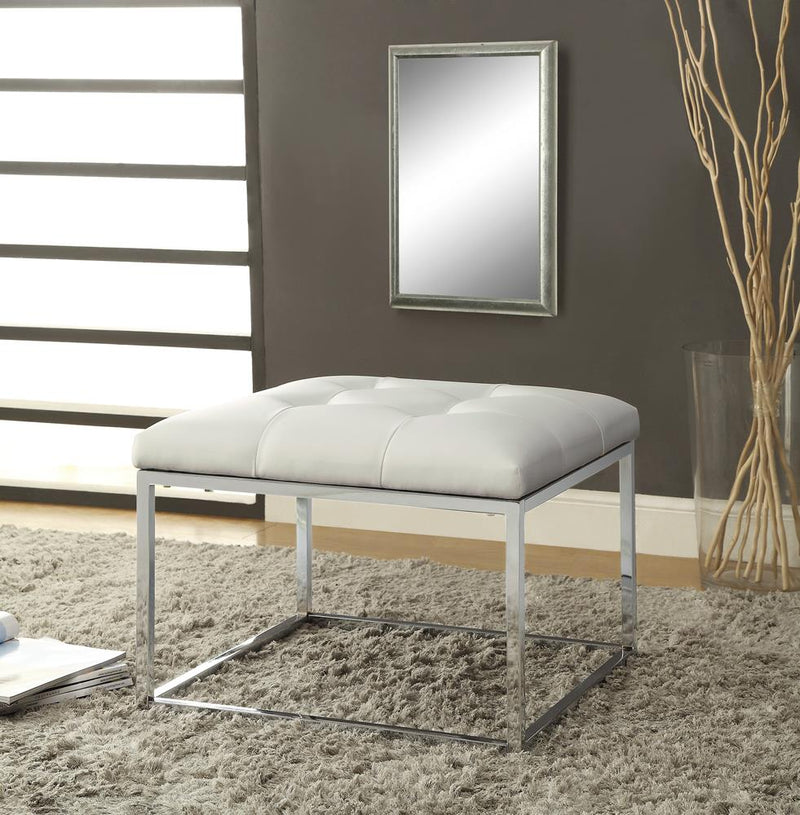 Upholstered Tufted Ottoman White and Chrome