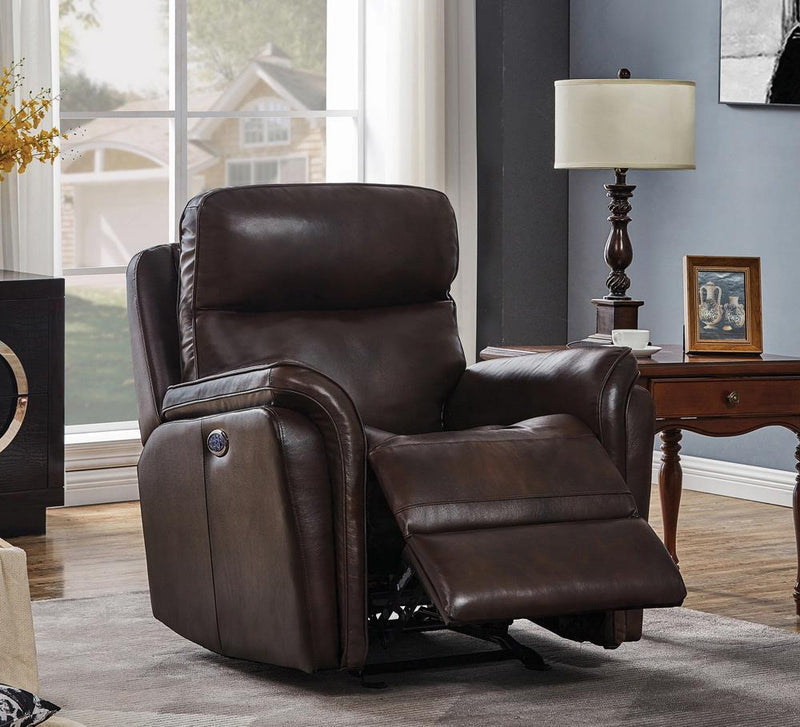 Pillow Top Arms Upholstered Power^3 Glider Recliner Dark Brown