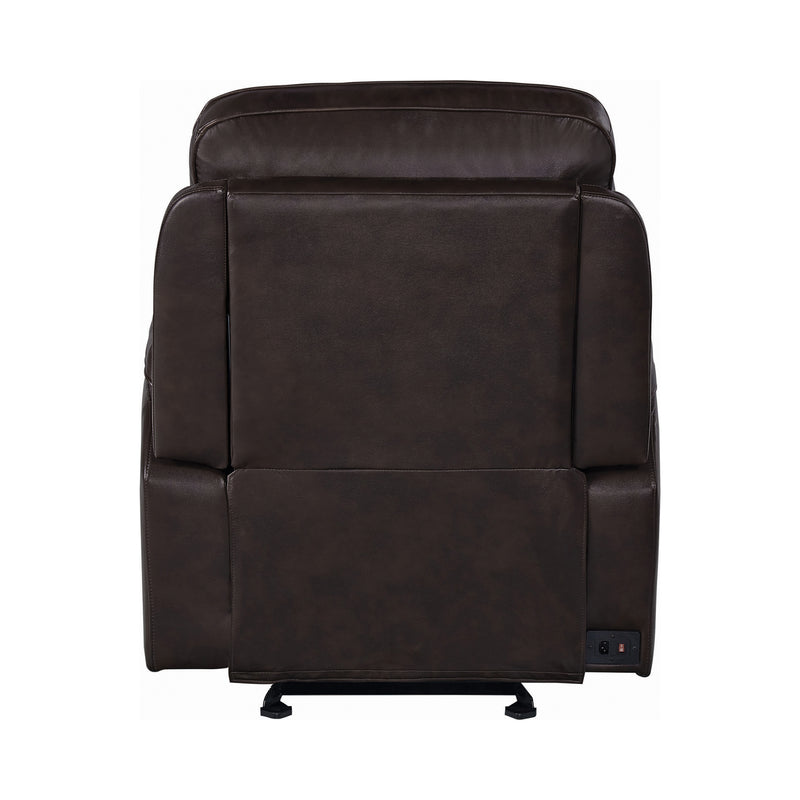 Pillow Top Arms Upholstered Power^3 Glider Recliner Dark Brown