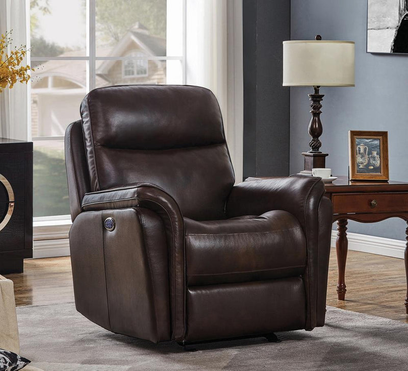 Pillow Top Arms Upholstered Power^3 Glider Recliner Dark Brown