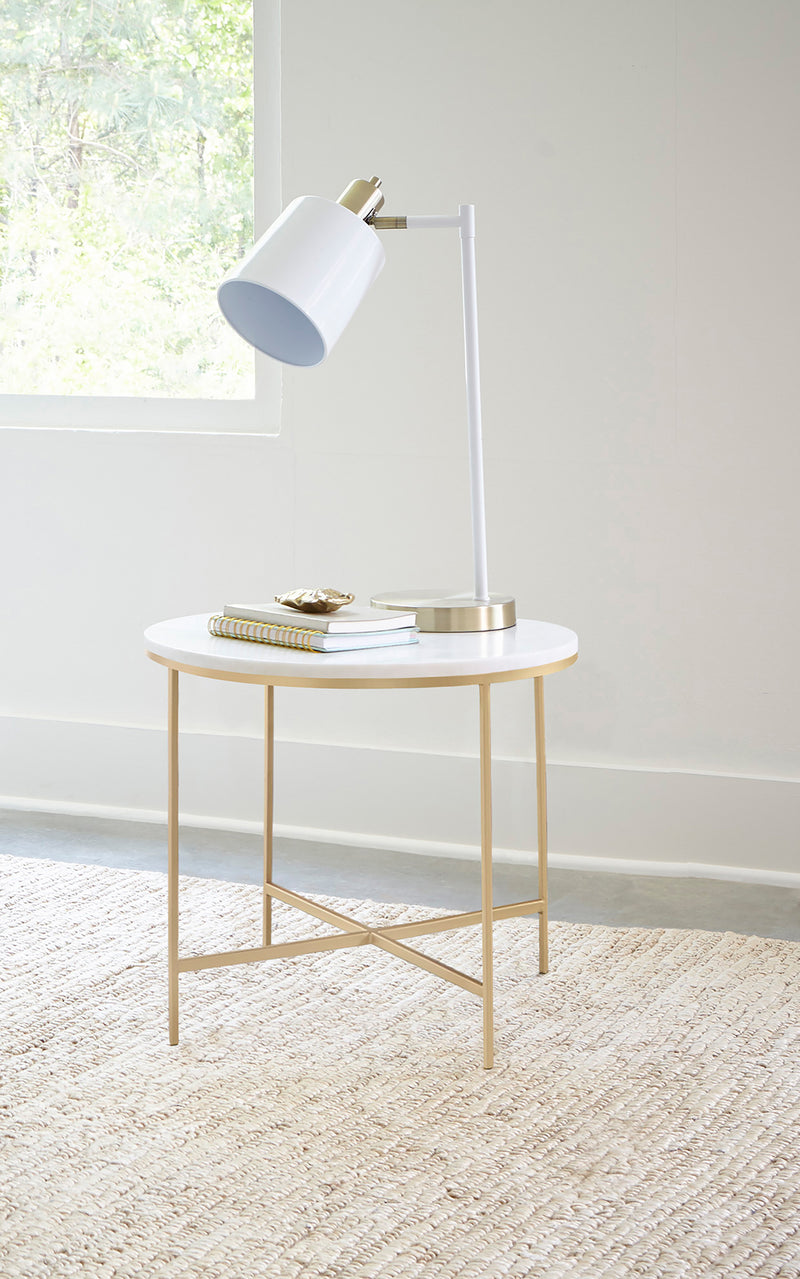 Round X-cross End Table White and Gold