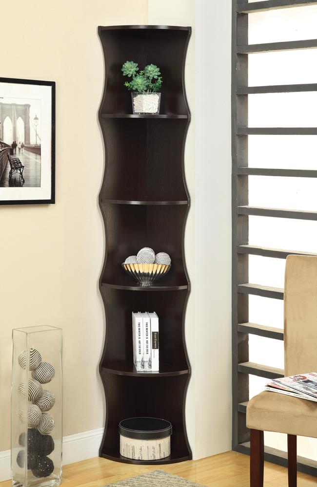 5-shelf Wave-like Corner Bookcase Cappuccino