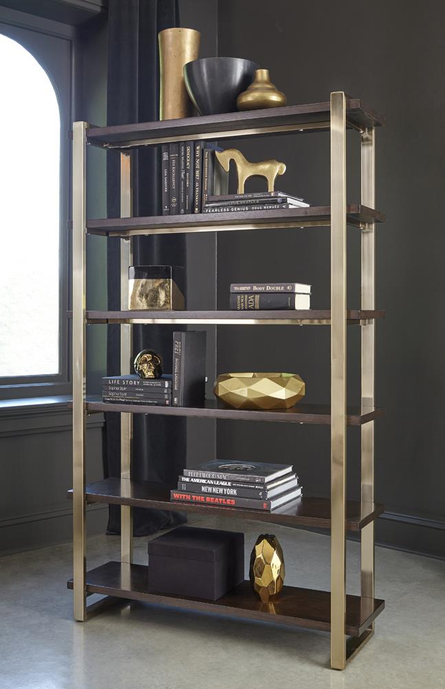 Seymour 5-tier Bookcase Walnut and Rose Brass