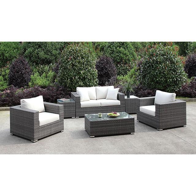 Somani | Love Seat + 2 ChairS + 2 End TableS + Coffee Table | Light Gray, Ivory