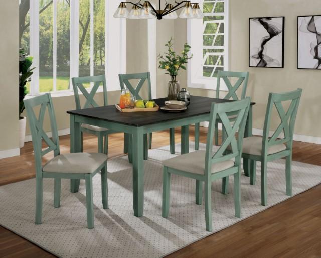 Anya | 7 Pc. Dining Table Set | Distressed Teal, Distressed Gray